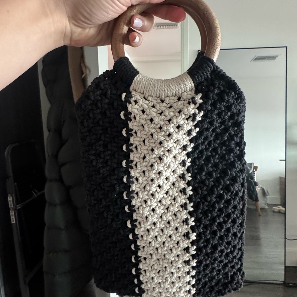 Maude The Label Black and Cream Crochet Handbag with Wooden Handles